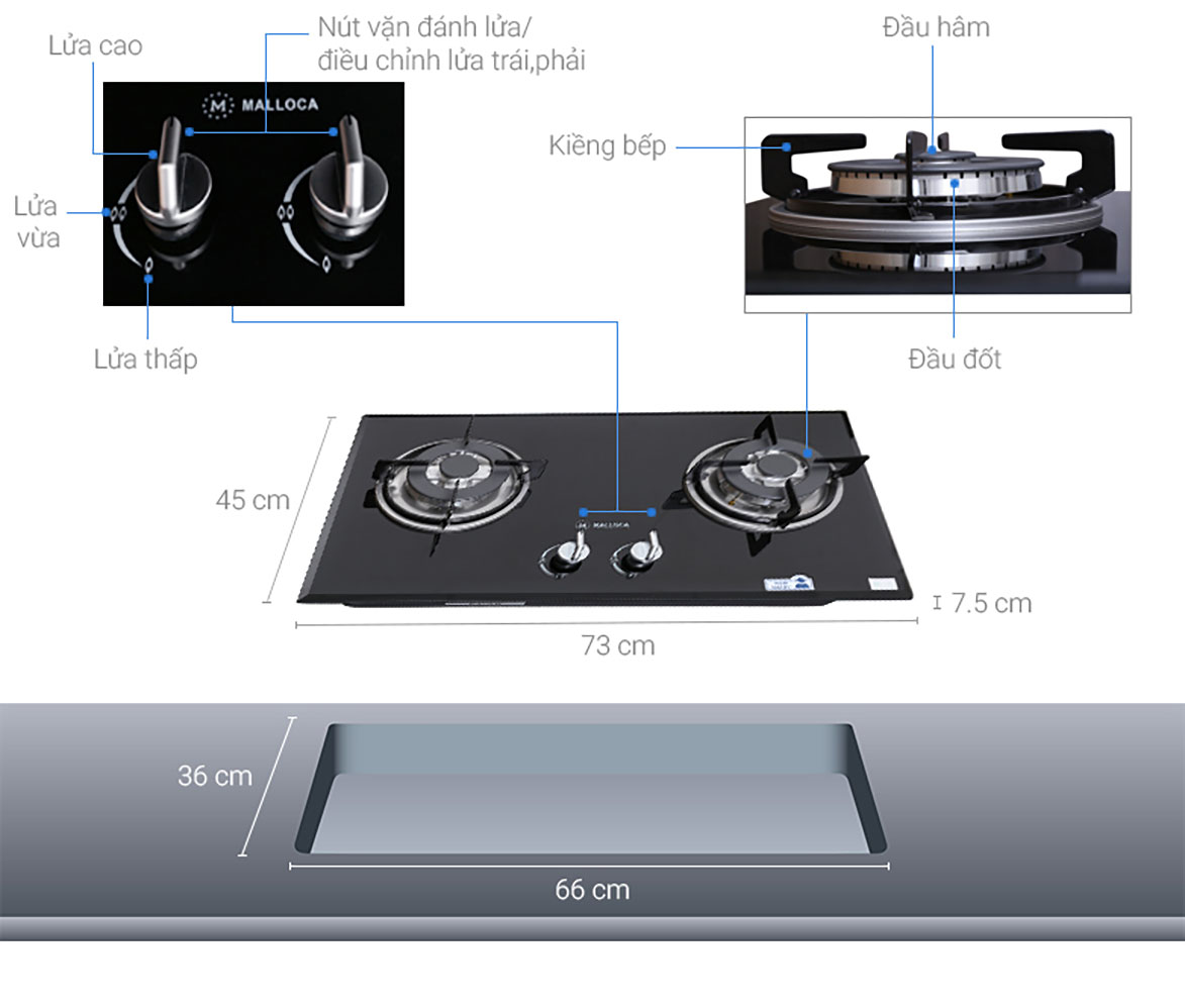 Thông số kỹ thuật Bếp ga âm Malloca GHG 732A NEW