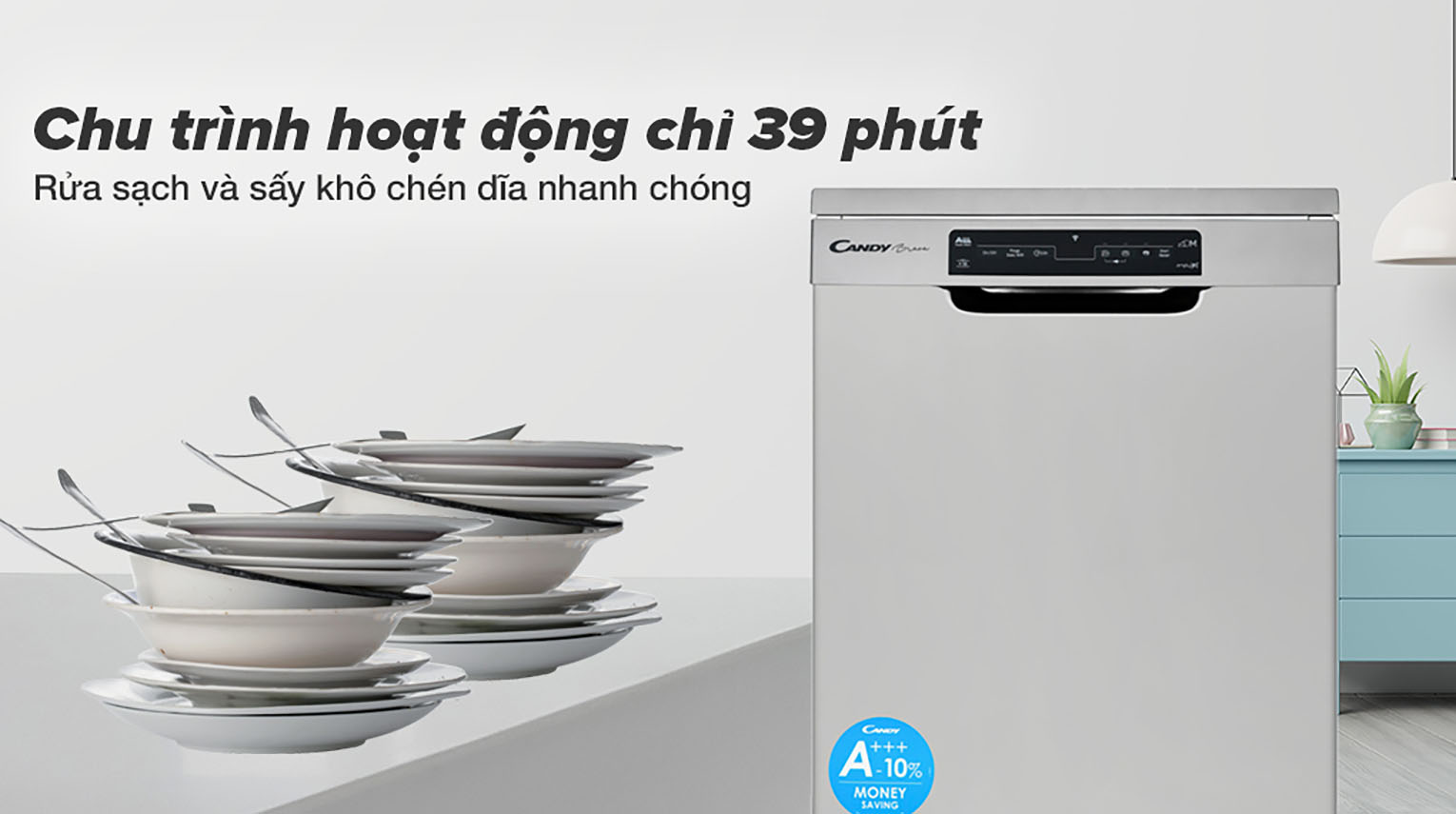 Chu trình hoạt động trong vòng 39 phút - Máy rửa chén Candy CDPN 4D620PX/E 2150W