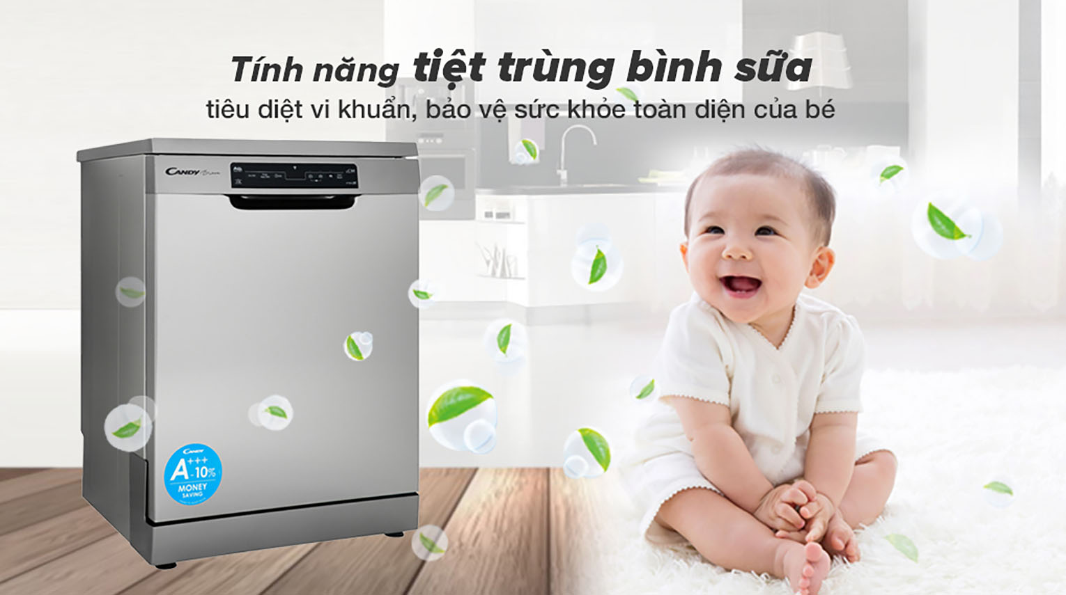 Tính năng tiệt trùng bình sữa - Máy rửa chén Candy CDPN 4D620PX/E 2150W