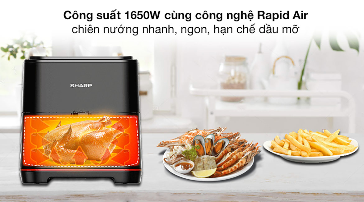 Công suất, công nghệ - Nồi chiên không dầu Sharp KF-AF70EV-BK 5.5 lít