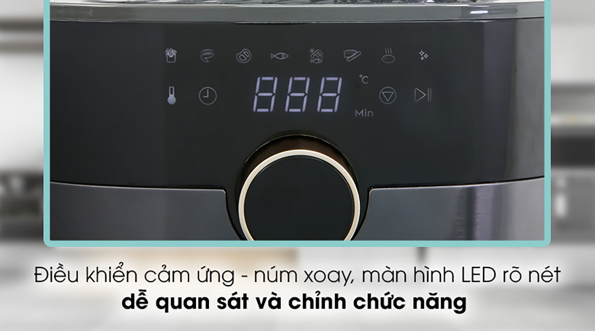 Nồi chiên không dầu Electrolux E6AF1-520K 5 lít - Điều khiển nồi chiên không dầu hiện đại với màn hình LED hiển thị sắc nét, bảng điều khiển cảm ứng - núm xoay tiện dụng