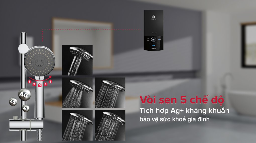 Máy nước nóng trực tiếp Ariston 4500W AURES TOP 4.5P - Vòi sen 5 chế độ tráng Ag+ kháng khuẩn. Máy nước nóng trực tiếp Ariston 4500W AURES TOP 4.5P - Vòi sen 5 chế độ tráng Ag+ kháng khuẩn.