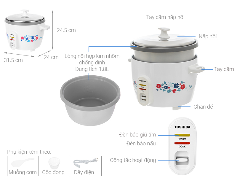 Nồi cơm nắp rời Toshiba RC-18MH2PV(F) 1.8 lít