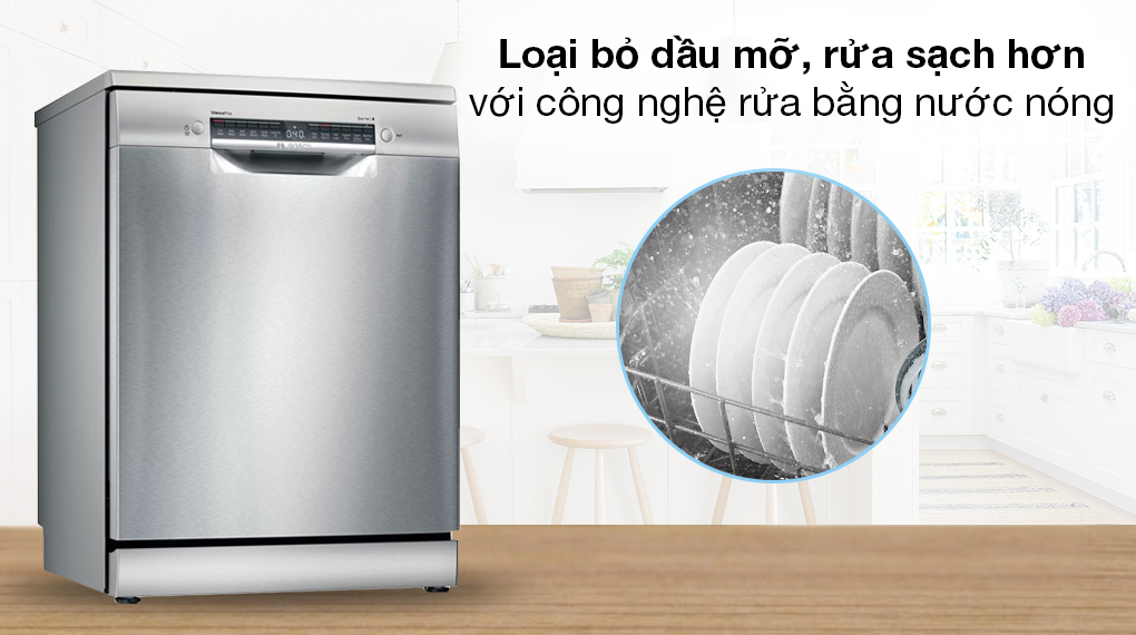 Máy rửa chén độc lập Bosch SMS4IVI01P - Loại bỏ dầu mỡ, tăng cường diệt khuẩn với công nghệ rửa bằng nước nóng