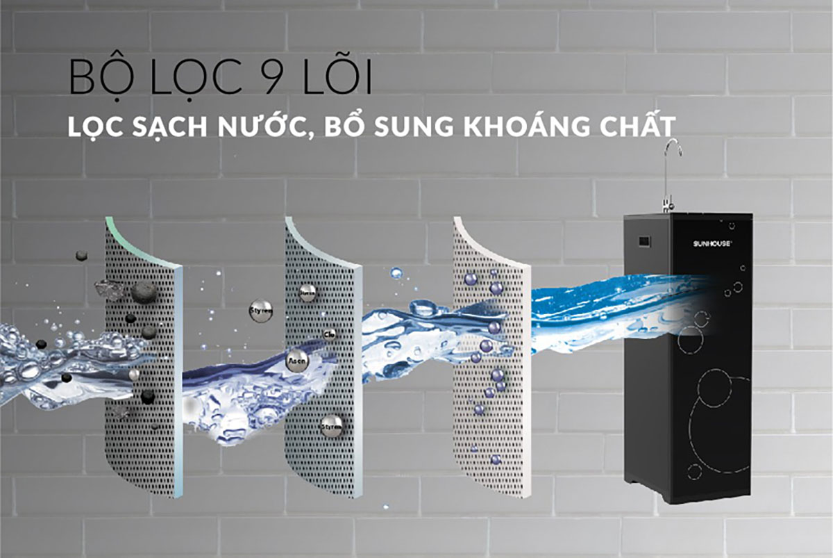 Hệ 9 lõi lọc cung cấp nước sạch bổ sung khoáng chất - Máy lọc nước RO Sunhouse SHA8889K 9 lõi KG