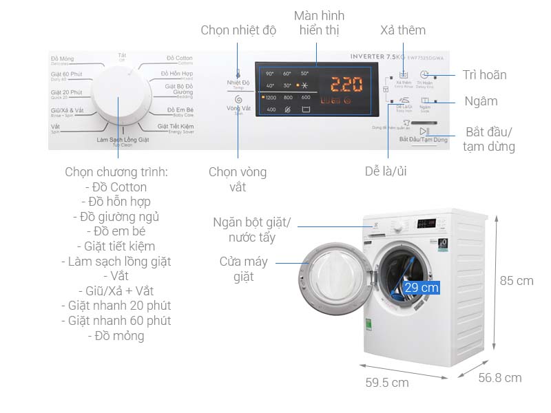 Thông số kỹ thuật Máy giặt Electrolux Inverter 7.5 Kg EWF7525DGWA