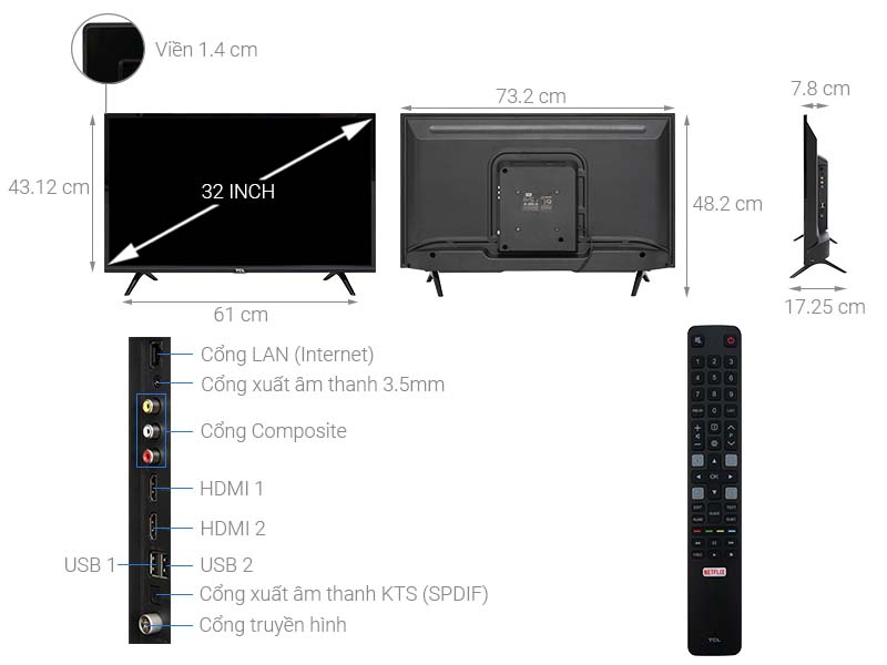 Thông số kỹ thuật Smart Tivi TCL 32 inch L32S6300