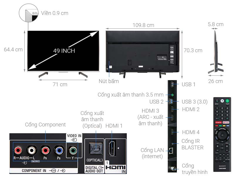 Thông số kỹ thuật Android Tivi Sony 4K 49 inch KD-49X8500G/S