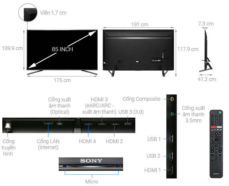 Thông số kỹ thuật Android Tivi Sony 4K 85 inch KD-85X9500G