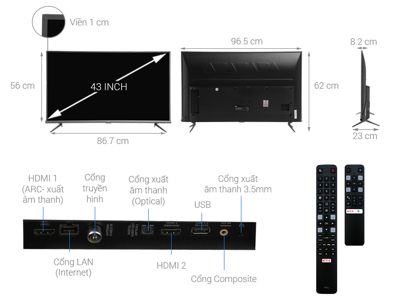 Thông số kỹ thuật Android Tivi TCL 4K 43 inch L43A8